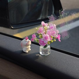 Generic Set of 2 Cute Mini Bunny and Peach Blossom in Flower Vase Car Rearview Mirror Ornaments Funny Dashboard Decorations Kawaii Car Interior Accessories for Women Gifts
