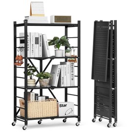 VEVOR 4-Tier Foldable Storage Shelf, 26W x 13D x 46H Inch Folding Metal Rack Shelving Unit, Heavy Duty No Assembly Organizer Shelf with 5 Wheels & 4 Hooks for Pantry, Kitchen, Garage, Basement, Black