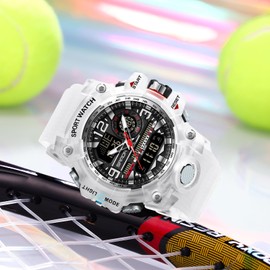 MASTOP Men's Watches Sports Outdoor Camouflage Waterproof Military Wrist Watch Tactical Date Multi Function Large Face LED Alarm Rugged Wristwatch for Training Hiking Adventure (Transparent White)