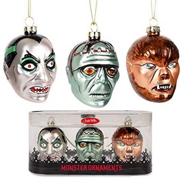 Archie McPhee Set of 3 Monsters Blown Glass Christmas Ornaments! - Dracula, Werewolf Frankenstein, Skeleton Color