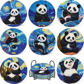Leatrice 8 Pcs Panda Diamond Art Coasters Set of 8, Small Diamond Painting Kits for Adults Beginners Women, Gem Art Coasters with Holder, Funny Arts Supplies for Home Decor