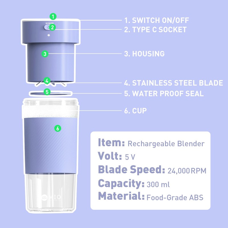 MIO Portable Blender for Smoothies, 10 oz Mini Personal USB-C Rechargeable