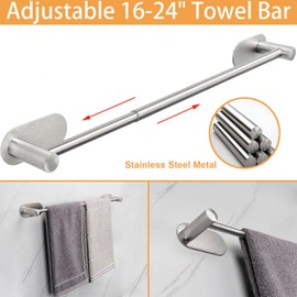TocTen 6 Pieces Self Adhesive Towel Bar Set, Stainless Steel Bathroom Hardware Set Include Adjustable Towel Rack, Towel Ring, TP Holder, 3 Towel Hook, No Drill Bath Accessory Kit(Brushed Nickel,24IN)
