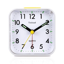 Tinload Small Battery Operated Analog Travel Alarm Clock Silent Non Ticking, Gentle Wake, Ascending Beep Sounds, Snooze,Lighted on Demand, Easy Set(White)