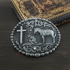QUKE American Western Cowboy Texas Retro Celta Cross Caballo Jinete Religioso Hebilla de cinturón para hombre, Ellipse, Overall