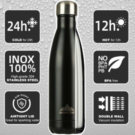 Mont-Clair Mont-Clair Stainless Steel Water Bottle, Vacuum Insulated + BPA Free, 12h Hot & 24h Cold Drinks Bottle, Metal Water Bottle 500ml Leakproof, Ideal for Adult, Kids, Running - Black