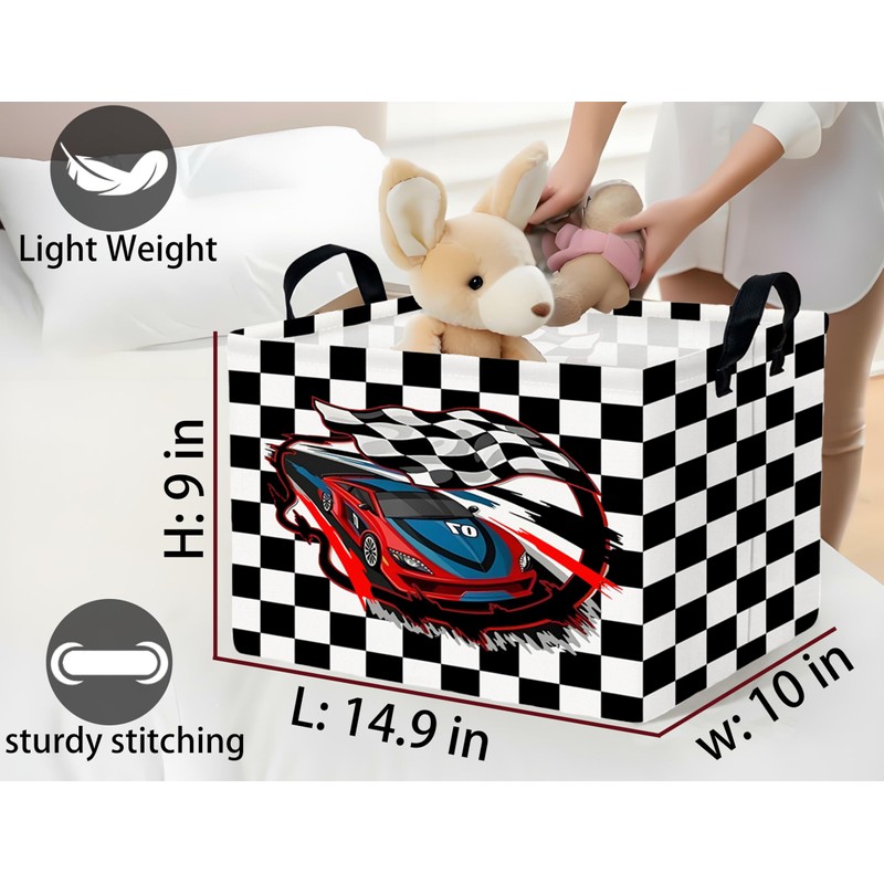 BOOHIT Large Boys Checkered Basket Canvas Kids Toy Storage Bin