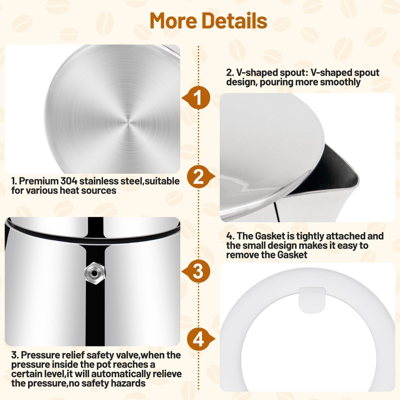 Vaolvpant No Coating 4 Cup Thickened 304 Stainless Steel Moka