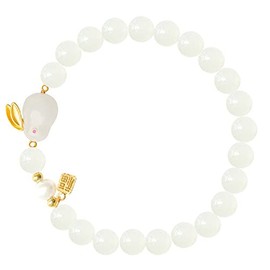 Fuqimanman2020 Classical Hetian Jade Gold Leaf Rabbit Stretch Bracelet Natural Stone Strand Temperament Layered Adjustable for Women Feng Shui New Year Lucky Jewelry-A
