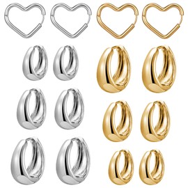 JSTHHTT 8Pairs Chunky Hoop Earring for Women, Gold Hoop Earrings Elegant, Silver Huggie Hoops Earrings, Gold Silver Heart Hoop Earrings, Hypoallergenic Earrings for Multiple Piercing Girls Women Men