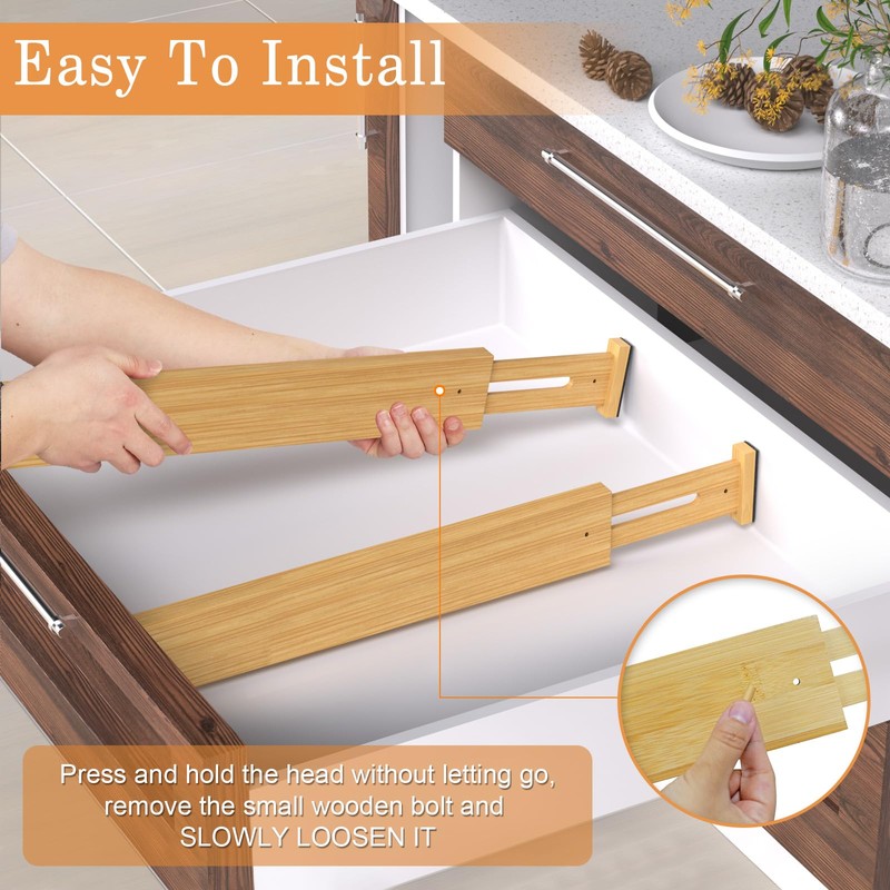 Ryqtop Bamboo Drawer Dividers,17-22" Adjustable Kitchen Drawer Organizer for Clothes,6