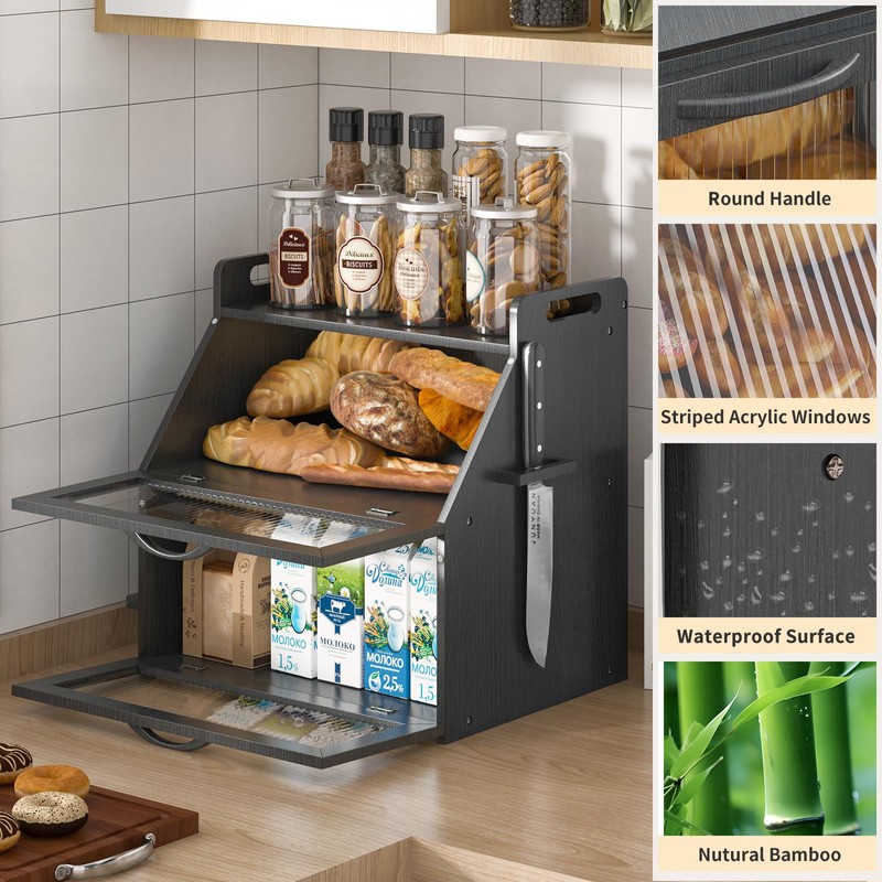 Farmhouse Breadbox Organizer - Large Wooden Double Layer Bread Bin