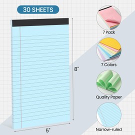VITEVER Small Note Pads 5x8, [7 Pack] Colorful College Narrow Ruled Legal Pads,Micro Writing Pads Perforated Lined Note Paper for Study, Office, To-Do Lists, 30 Sheet/notepad, Multicolor