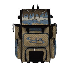 Boombah Rolling Superpack Baseball/Softball Gear Bag - Telescopic Handle - Holds 4 Bats - Wheeled Version - Ice Cream Monster Cookie Glitter Gold/Columbia Blue/Brown