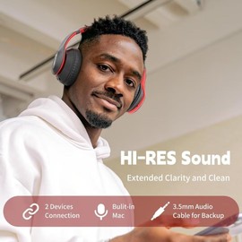 Wireless Bluetooth Headphones Over Ear 65H Playtime HiFi Stereo Headset with Microphone and 6EQ Modes Foldable Bluetooth V5.3 Headphones for Travel Computer Laptop(Black Red)