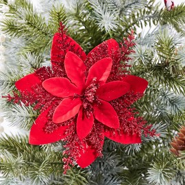 Leixi 16pcs Christmas Poinsettia Artificial Flowers, Red, 5.5" Glitter