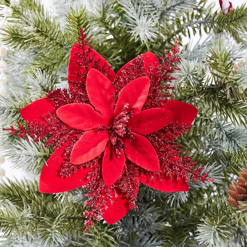 Leixi 16pcs Christmas Poinsettia Artificial Flowers, Red, 5.5" Glitter