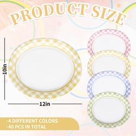 FYSUIMU 40 Pcs Pastel Gingham Oval Paper Plates Colorful Checkered Disposable Plates 12 x 10 Inch Plaid Tableware Plates for Easter Spring Wedding Party Supplies