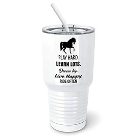 PixiDoodle Horse Lover's Life Motivational Riding Tumbler with Spill-Resistant Slider Lid and Silicone Straw (30 oz Tumbler, White)