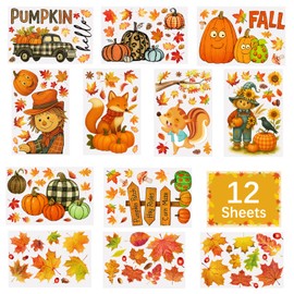 DC-BEAUTIFUL 153 Pcs Fall Window Clings, 12 Sheets Double Sided Autumn Pumpkin Scarecrow Maple Leaf Glass Stickers, Reusable Static Thanksgiving Window Decals Party Decors for Home Office School Shop