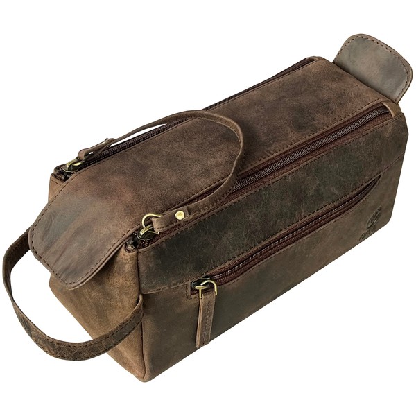 Leather Wash Bag for Men - Handcrafted Toiletry Bag for All Your Travel Toiletries (Dark Brown)