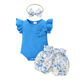 Tiny Cutey Newborn Infant Baby Girl Clothes Romper Floral Shorts Set Summer Outfits Baby Girls' Clothing(Klein Blue,6-12 Months)