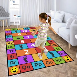 Kid Hopscotch Play Rug, ABC Alphabet Number Educational Carpet, Playroom Classroom Mat Non-Slip Washable (Red 55x79 in)