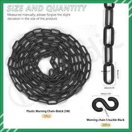 Keadic Black Plastic Barrier Chain, Plastic Chain Connectors with 20 Pieces S-Hooks, 16.4 Feet Safety Chain Crowd Control Barriers Plastic Chain for Queues Parking Fences