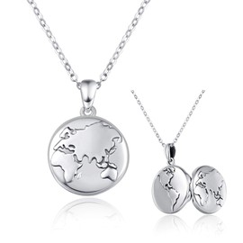 TANGPOET Locket Necklace for Women 925 Oxide Silver World Map Photo Pendant Picture Lockets Necklace Memorial Gifts for Ladies Girls Mum Daughter Grandmother Family