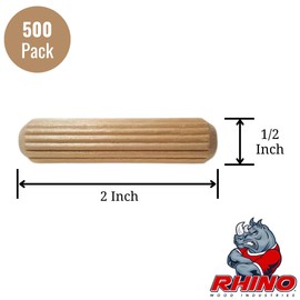 500 Pack 1/2" x 2" Wooden Dowel Pins Wood Kiln Dried Fluted and Beveled, Made of Hardwood