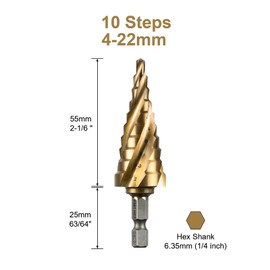 SALI HSS Step Drill Bit 4-22 mm Four Spiral Flute Titanium Step Drill 1/4" Hex Shank Quick Change Design High Speed Steel Step Drill Bit for Metal, Stainless Steel, Aluminum, Wood, Plastic