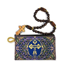 Alexandra Int'l Set of 2 Wooden Prayer Beads 30 Knots and Byzantine Cross Pouch 4 3/4 Inch