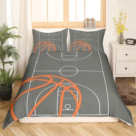 Basketball Court Print Duvet Cover Twin Size,Basketball Sports Themed Geometric Grey Comforter Cover Set for Kids Boys Girls,Orange Ball Hand Painting Bedding Quilt Cover Set Bedroom Decor, 2 Pieces