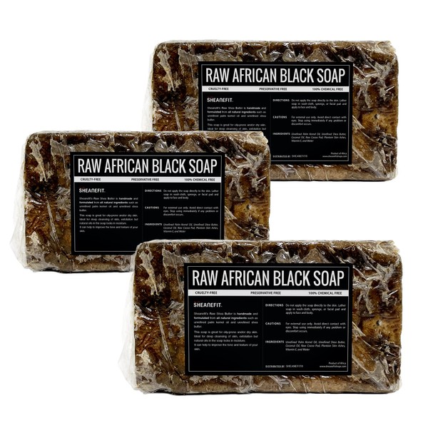 Sheanefit Raw African Black Soap Bar - For All Skin Types - Face, Body, Hair Soap Bulk Bars (3 Pound)