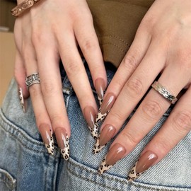 MERVF Press on Nails Long Stiletto, Light Brown Leopard French Tip Fake Nails Glue ons Acrylic Nail Cheetah Design Fall Supplies Glossy 24pcs