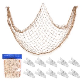 TAFACE 1 Piece 5x6.5ft Fishing Net with 10 Pieces Clear Plastic Clips Mediterranean Style Fishing Net Natural Fishing Net for Wall Decoration Suitable for Party Photography