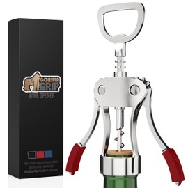 Gorilla Grip Powerful Ergonomic Wine Opener, Multifunctional Wing Corkscrew, Heavy Duty Manual Bottle Openers, Rust Resistant Zinc Alloy Cork Screw, Easy to Use, Dishwasher Safe, Bar Essentials, Red