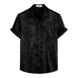 VATPAVE Mens Summer Jacquard Regular Fit Shirts Casual Button Down Short Sleeve Beach Tops with Pocket 3X-Large Black Hawaiian