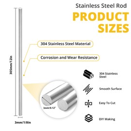 12 Pcs 304 Stainless Steel Round Rod,Phiowocx 1/8” x 12” Metal Solid Shaft Rods Bar,Smooth Steel Rods for DIY Craft Model,Industry,Metal Working Hobbies-Plane/Ship Model(3 x 305mm)