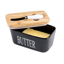 Hasense Porcelain Butter Dish with Bamboo Lid - Covered Butter Keeper with Butter Knife for Countertop, Airtight Butter Container with Cover for East West Coast Butter, Black