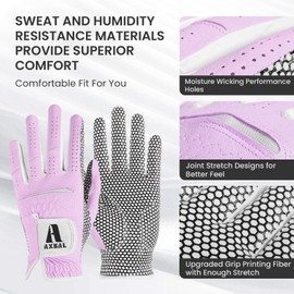AXKAL Women Golf Gloves Enhanced Grip Comfortable 1 Pack Right Left Hand, Breathable Durable Hot Wet All-Weather Soft Ladies Golf Gloves Purple Pink for Sizes S M ML L XL (Purple, S, Left)