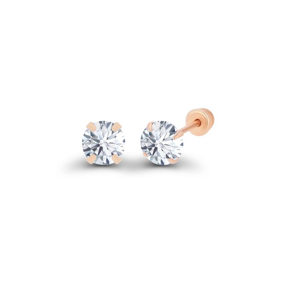 Solid 14k Rose Gold Hypoallergenic Round Cubic Zirconia Solitaire Stud