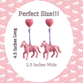 Cute Pair of Pink Pony Style Earrings for Concert Goers, Music Fans, Pony Lover. Pink Colored Horse Earrings with Purple Paperclip and Heart Stud Design, Large, Acrylic, No Gemstone