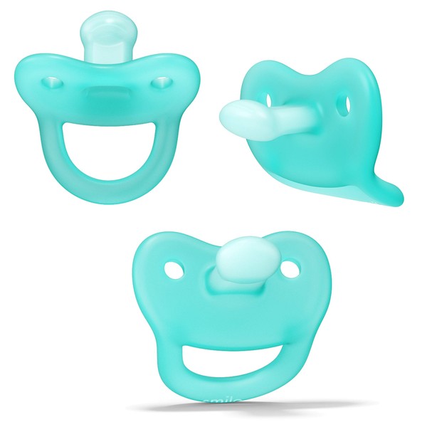 Smilo Newborn Baby Pacifier - 3 Pack of Orthodontic Pacifiers for Babies from 0-2 Months - Expands to Support The Palate During Soothing - BPA-Free - Aqua