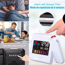 Proyector Despertador, Proyector Digital de Techo a 180° Despertadores de Pared con Cargador USB Pantalla de color LED silenciosa Fecha Temperatura, repetición y botón de luz para la oficina del dormitorio, blanco
