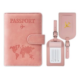 YUNPYCHY Passport Holder, Passport Organiser, Passport Cover, PU Leather Passport Cover + 2 Pieces Suitcase Tag, for Men and Women, Holiday Accessories, Travel Essentials, Pink, Contemporary