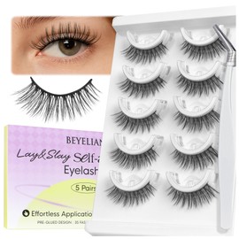 BEYELIAN Self Adhesive Eyelashes Pre Glued, No Glue Need, Reusable Natural Look Wispy False Lashes Faux Mink Press on Lashes 5 Pairs