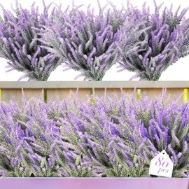 XunYee 80 Bundles Artificial Lavender Flowers UV Resistant Faux Plastic Flowers Faux Lavender Plants for Outdoor Garden Patio Window Box Office Table Centerpiece Indoor Decoration (Purple)