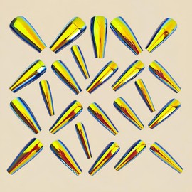Golden Press on Nails Medium Length Coffin Artificial Fake Nails with Chrome Plating Design Glossy Shiny Full Cover Glue on Nail Laser Acrylic Stick on Nails Gradient False Nail for Women Girl 24Pcs