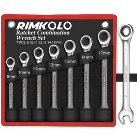 RIMKOLO 7-Piece Ratchet Wrenches Set, 8mm-17mm Metric Ratcheting Wrench Set 72-Tooth Box End and Open End Ratchet Wrench with Rolling Pouch